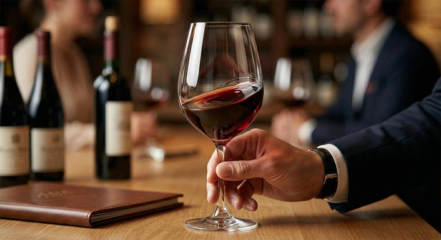 A professional sommelier grip on a wine glass stem to maintain thermal stability and prevent fingerprints on the crystal bowl. lifestyle, no text or additional info graphic