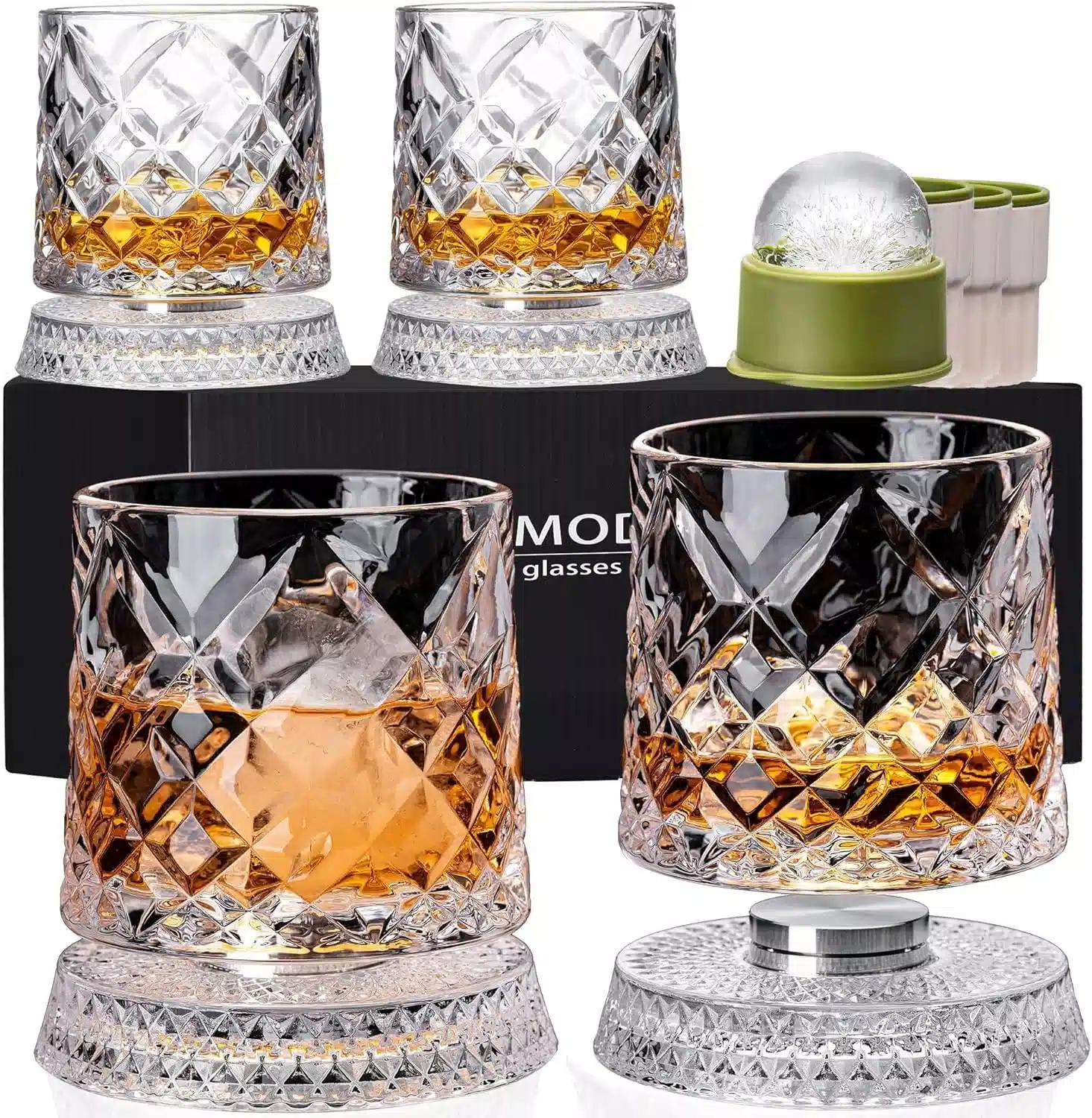 NORIMODA Spinning Whiskey Glasses, Set of 4 with Ice Ball Molds