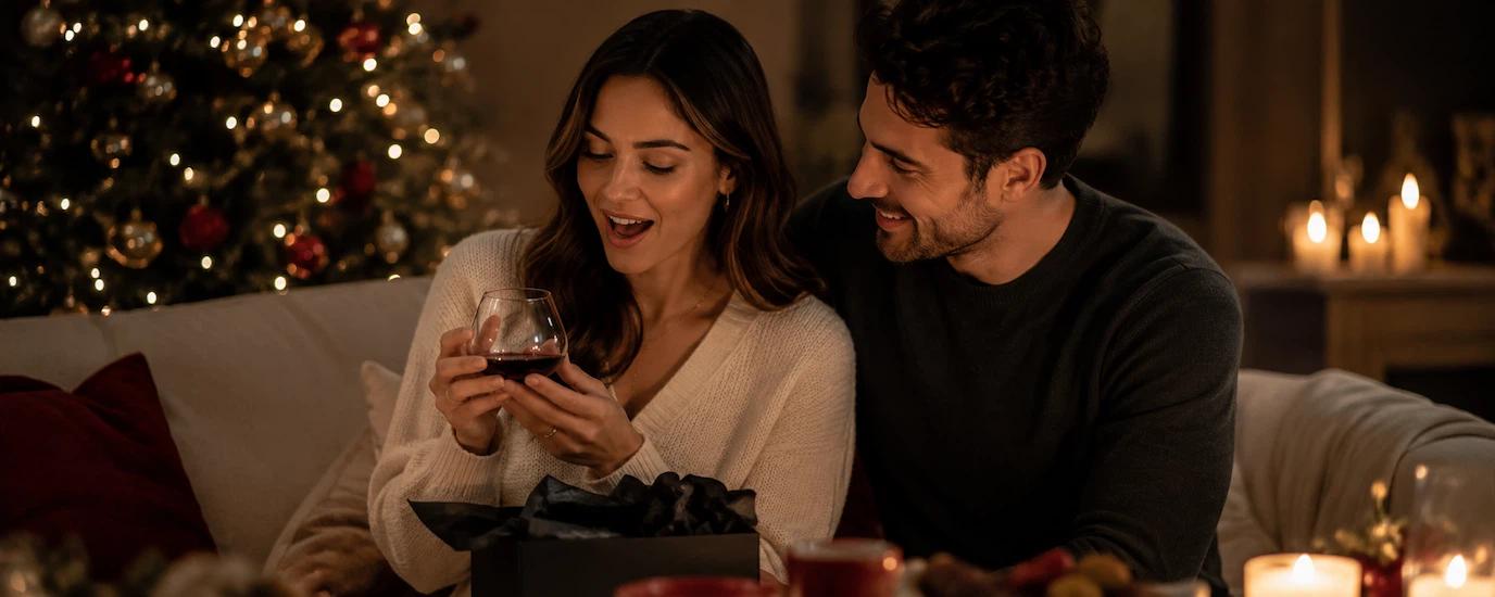 A woman looks pleasantly surprised to receive an Aequilibrium stemless wine glass Christmas gift while her husband smiles and looks on