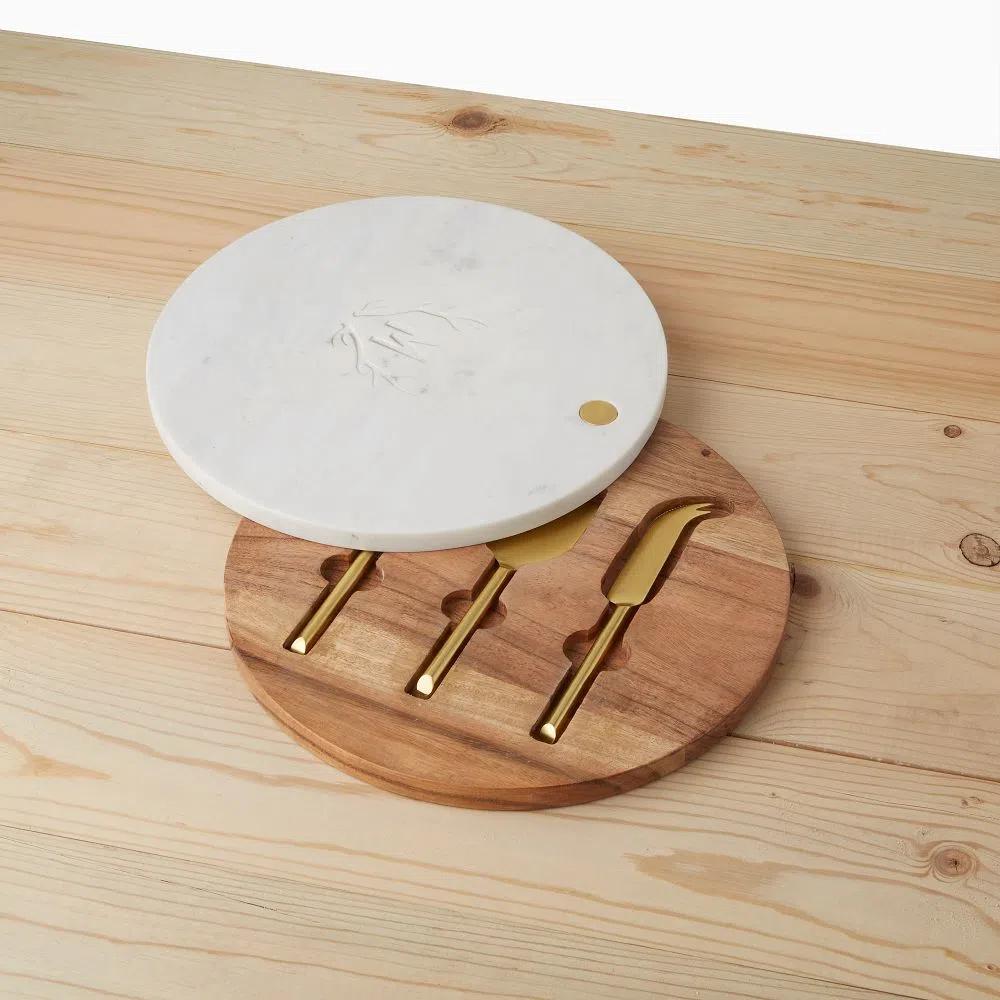 Mark & Graham Round Wood and Marble Swivel Cheese Set