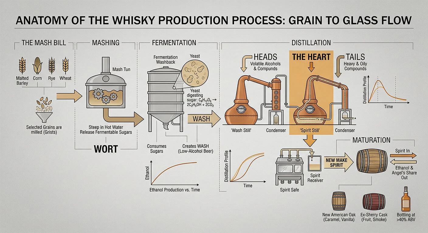 Diagram of the whisky production process including mash bill, copper pot stills, and oak barrel aging.