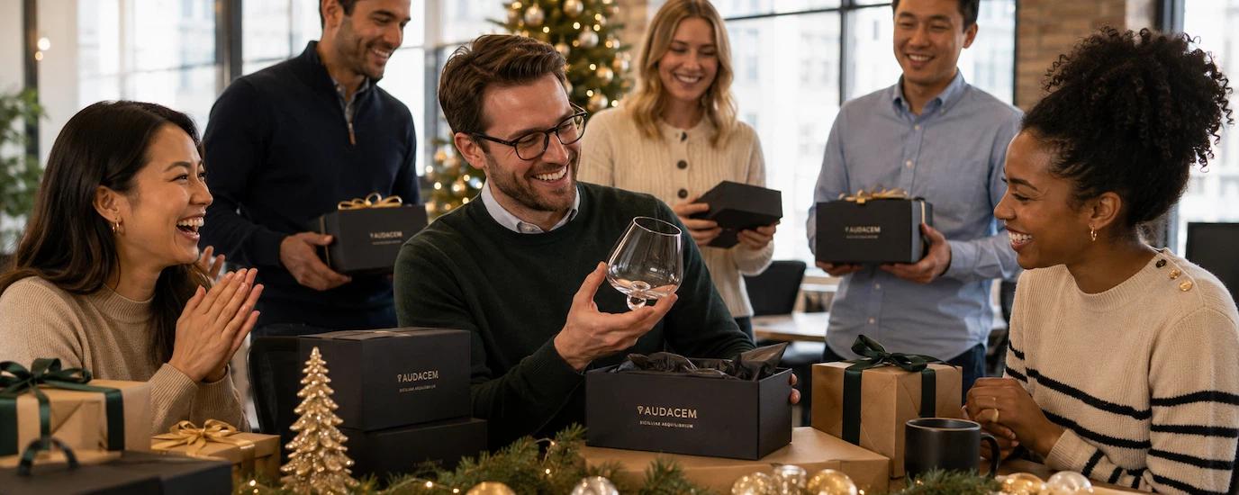 Employees opening their Audacem gift boxes with Aequilibrium glasses inside