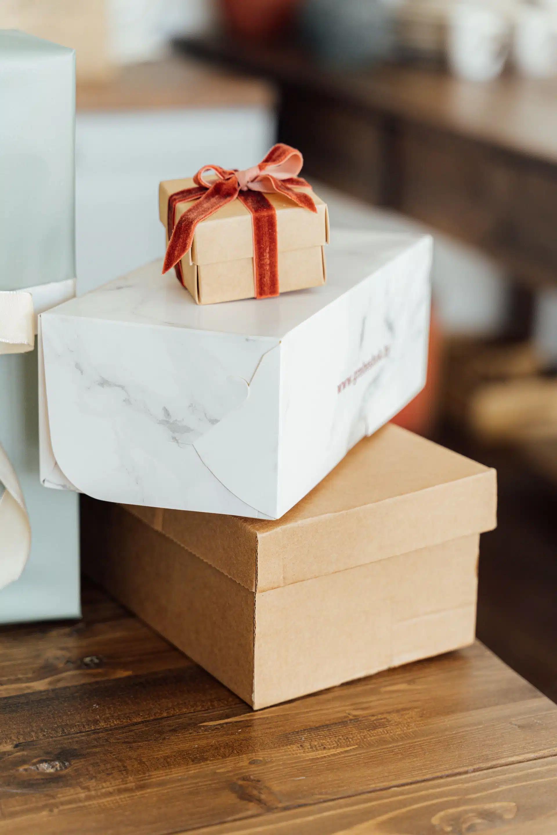 A stack of gifts on a table