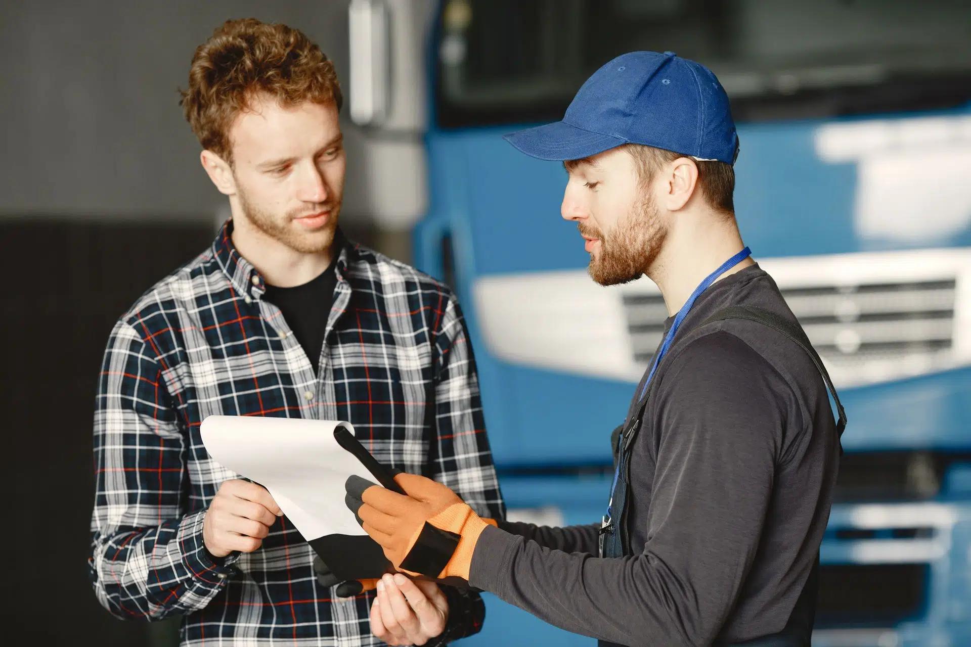Mechanic in uniform talks with a customer about vehicle maintenance inside a garage