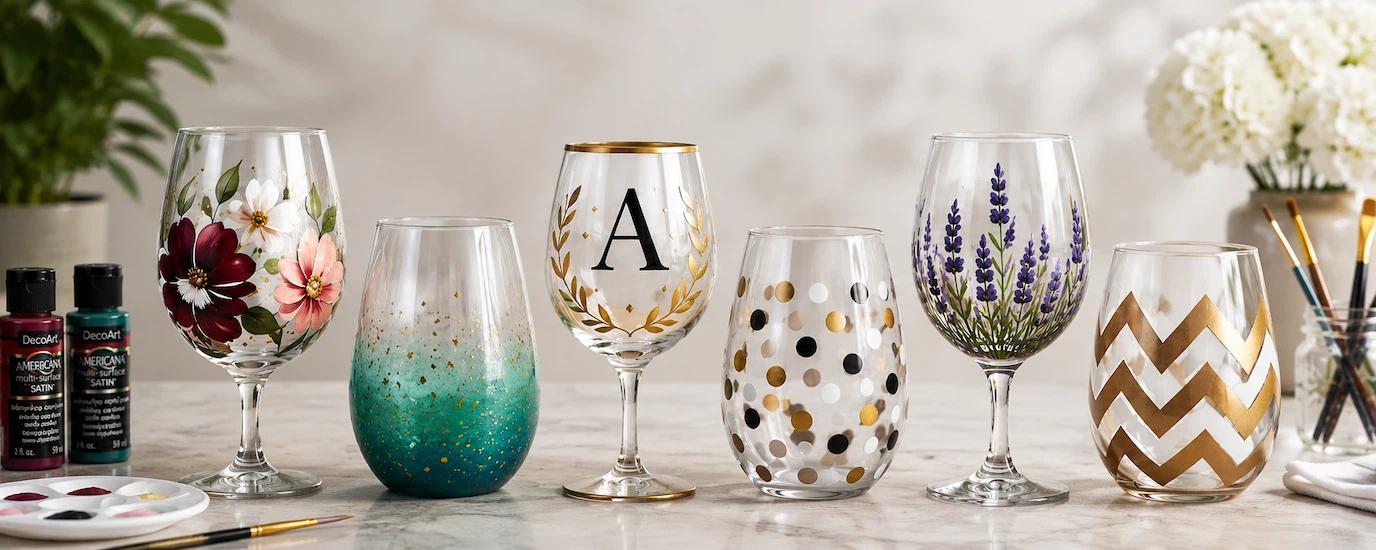 Painted wine glasses in different designs