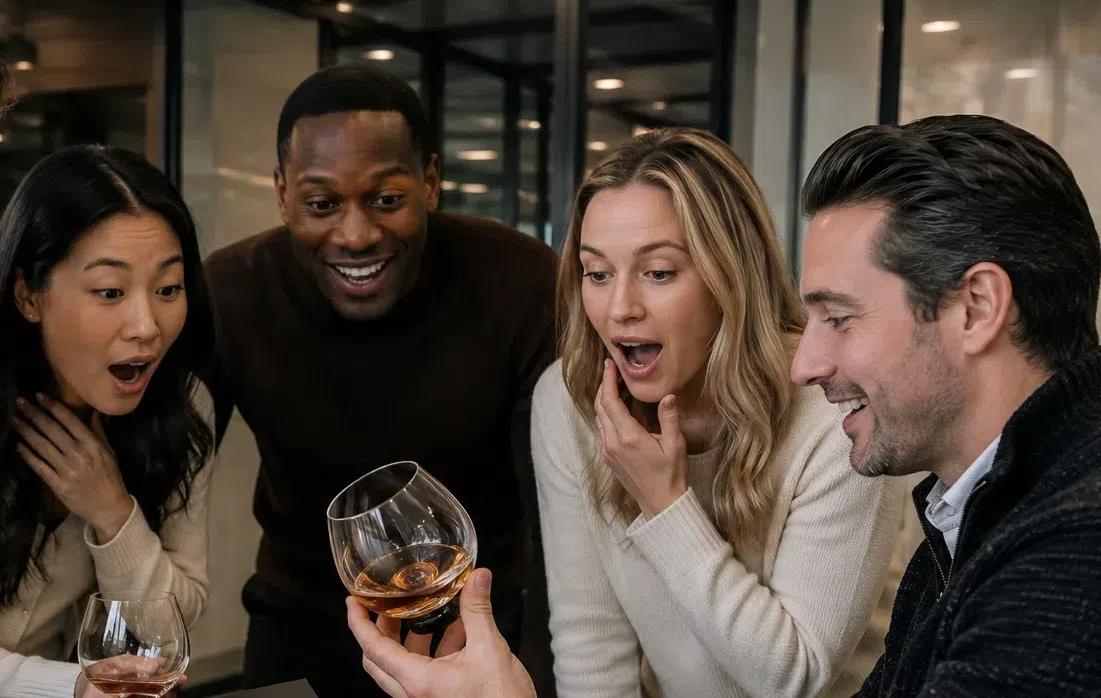 A group of coworkers looking amazed and impressed by the Audacem Aequilibirum glass
