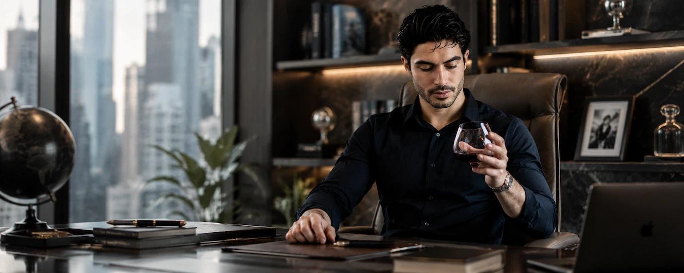 A CEO in his office drinking wine using the Audacem Aequilibrium wine glass