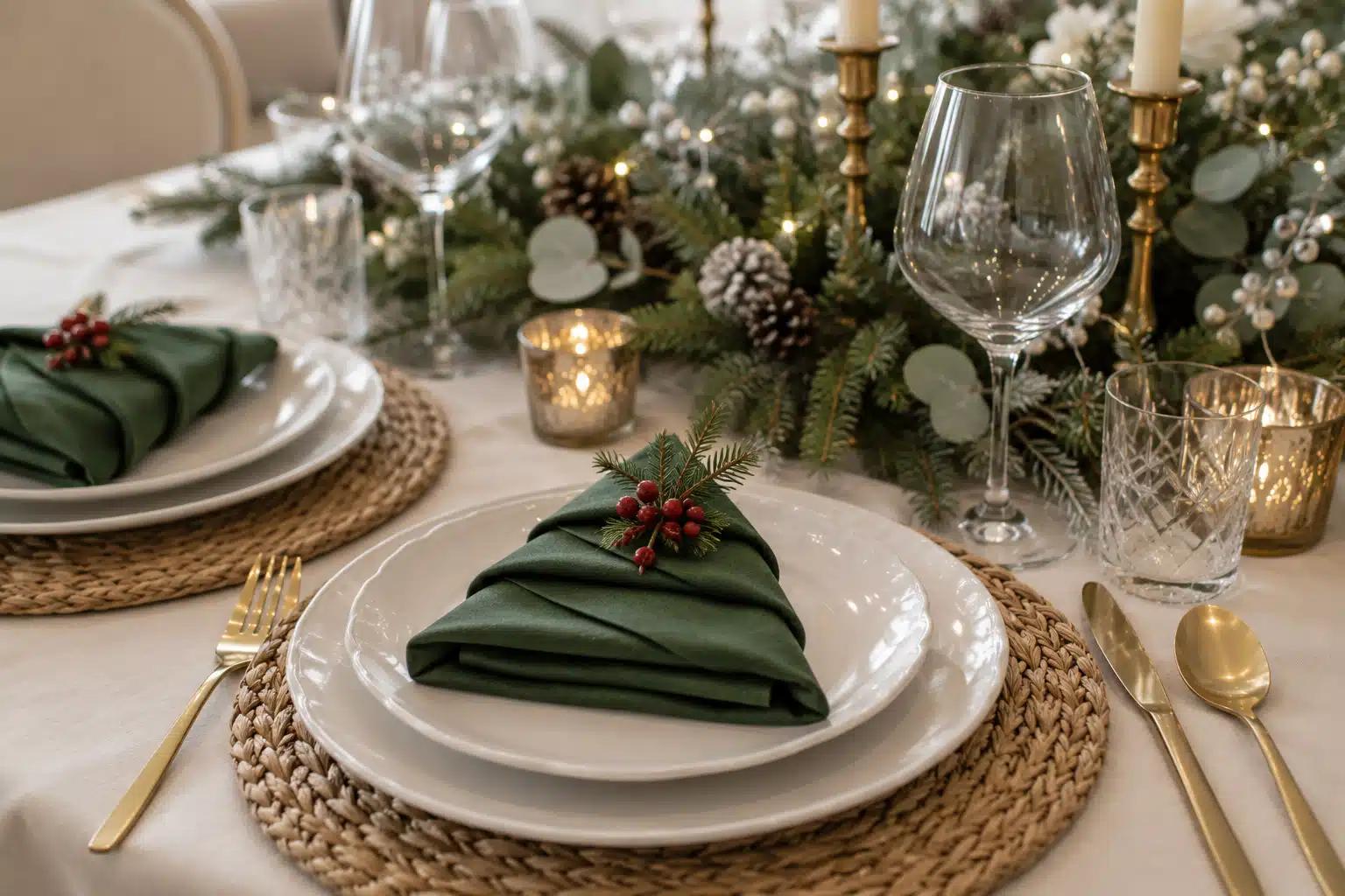 A Christmas table setting in green and white with a napkin folded like a Christmas tree