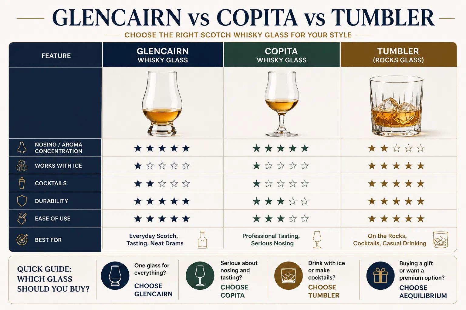 Comparison table: Glencairn, Copita, Tumbler
