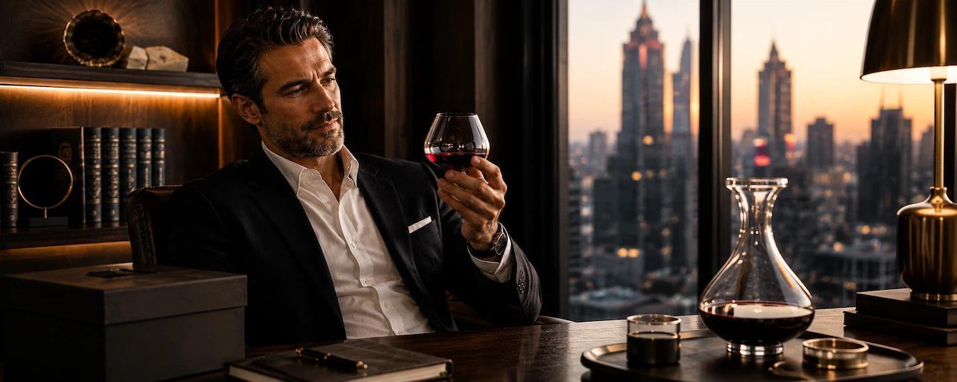 A male VIP client in his office holding and admiring an Audacem Aequilibrium glass