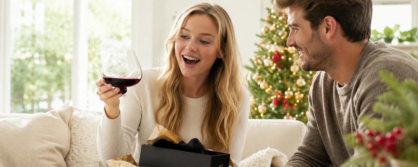 A woman holding the Aequilibrium wine glass while looking amazed while a man sits beside her looking equally impressed