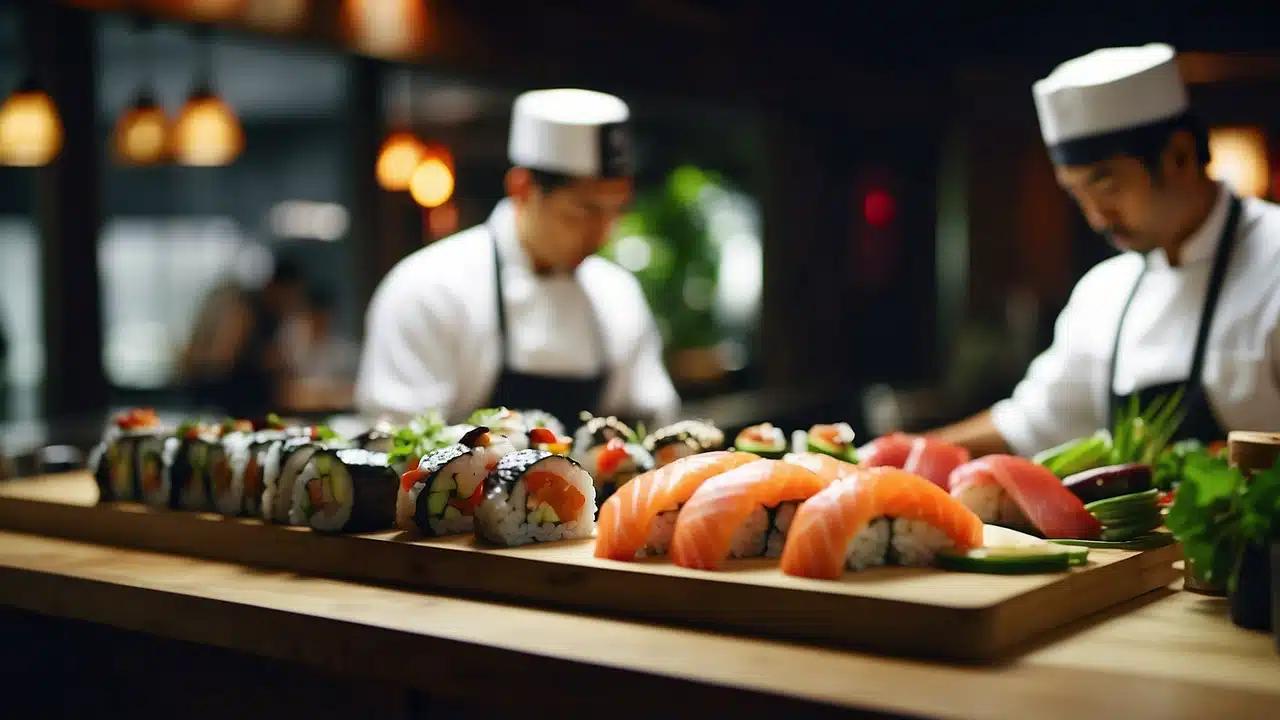A closeup shot of a sushi platter with two chefs in the background
