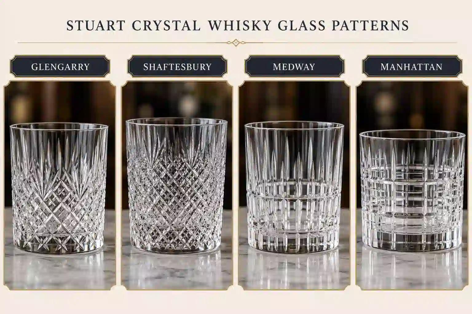 A lineup of Stuart Crystal Glass patterns - for illustration purposes only