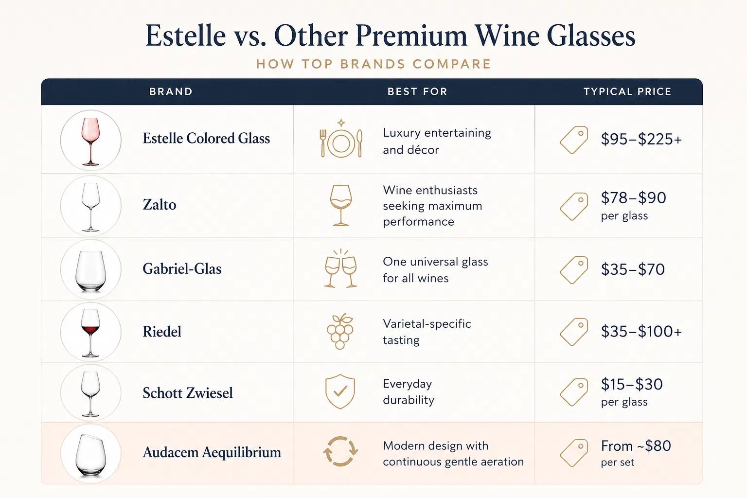 A graphic showing a comparison of Estelle colored wine glasses versus other premium wine glass brands