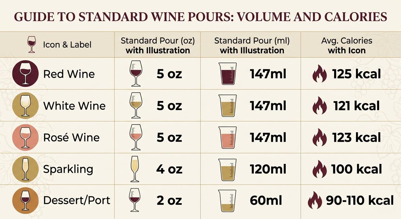An infographic summarizing wine glass science. On the left, a diagram compares Red (Oxidation), White (Preservation), and Sparkling (Carbonation) glasses. The center shows a 5-ounce / 147ml standard pour in a crystal glass with aroma collection. 