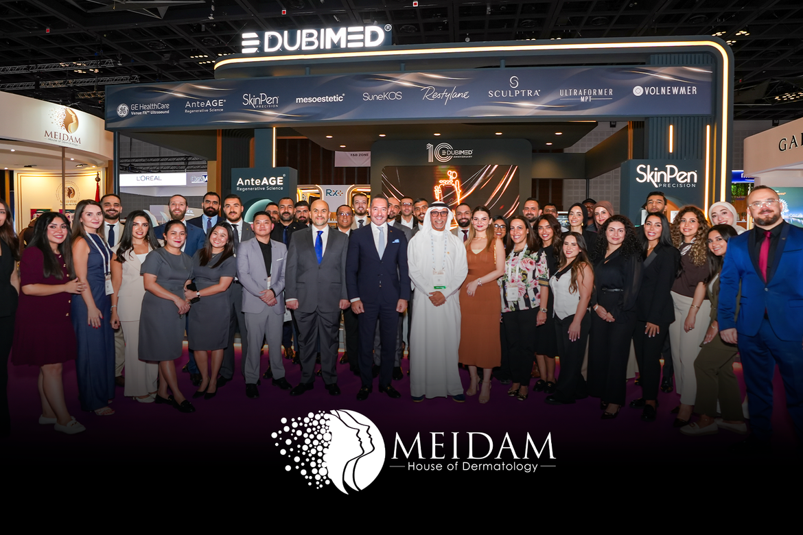 The DUBIMED team in front of stand SRH-C6 at MEIDAM 2026, Dubai World Trade Centre