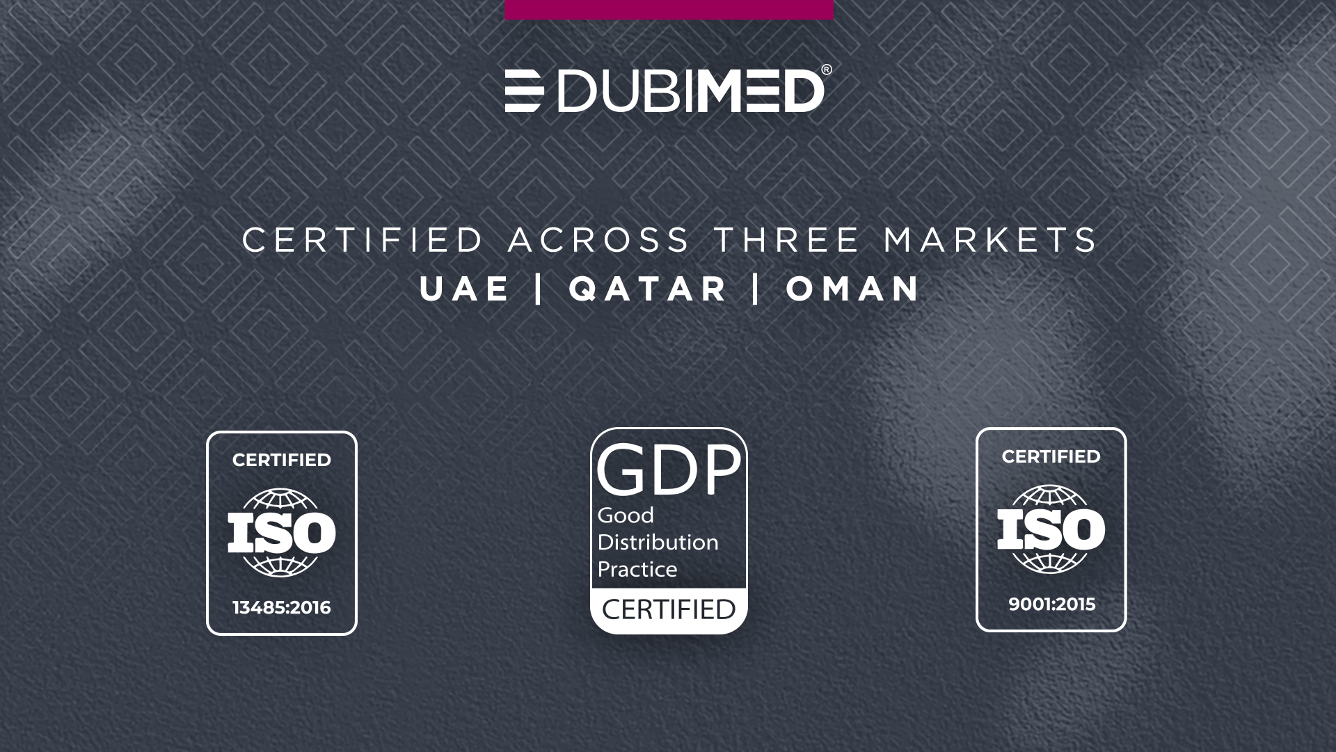 DUBIMED certified across three markets, showing the ISO 13485, GDP and ISO 9001 certification badges