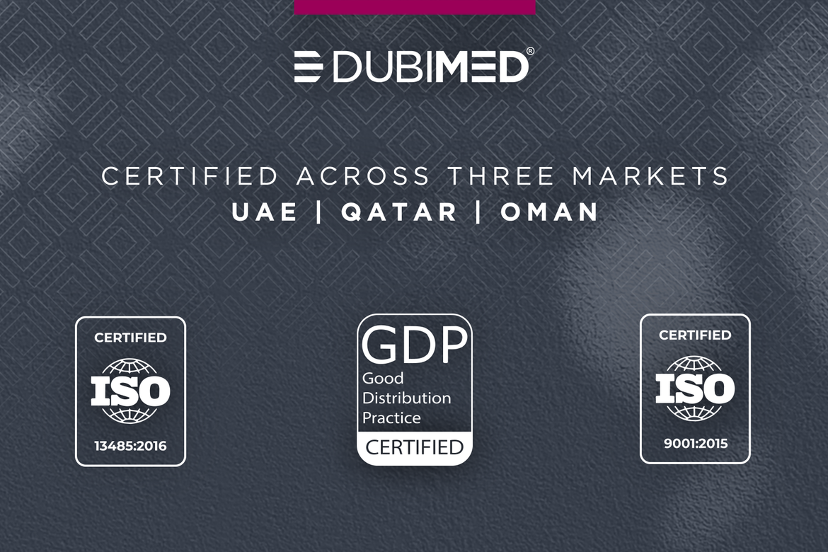 DUBIMED certified across three markets, showing the ISO 13485, GDP and ISO 9001 certification badges
