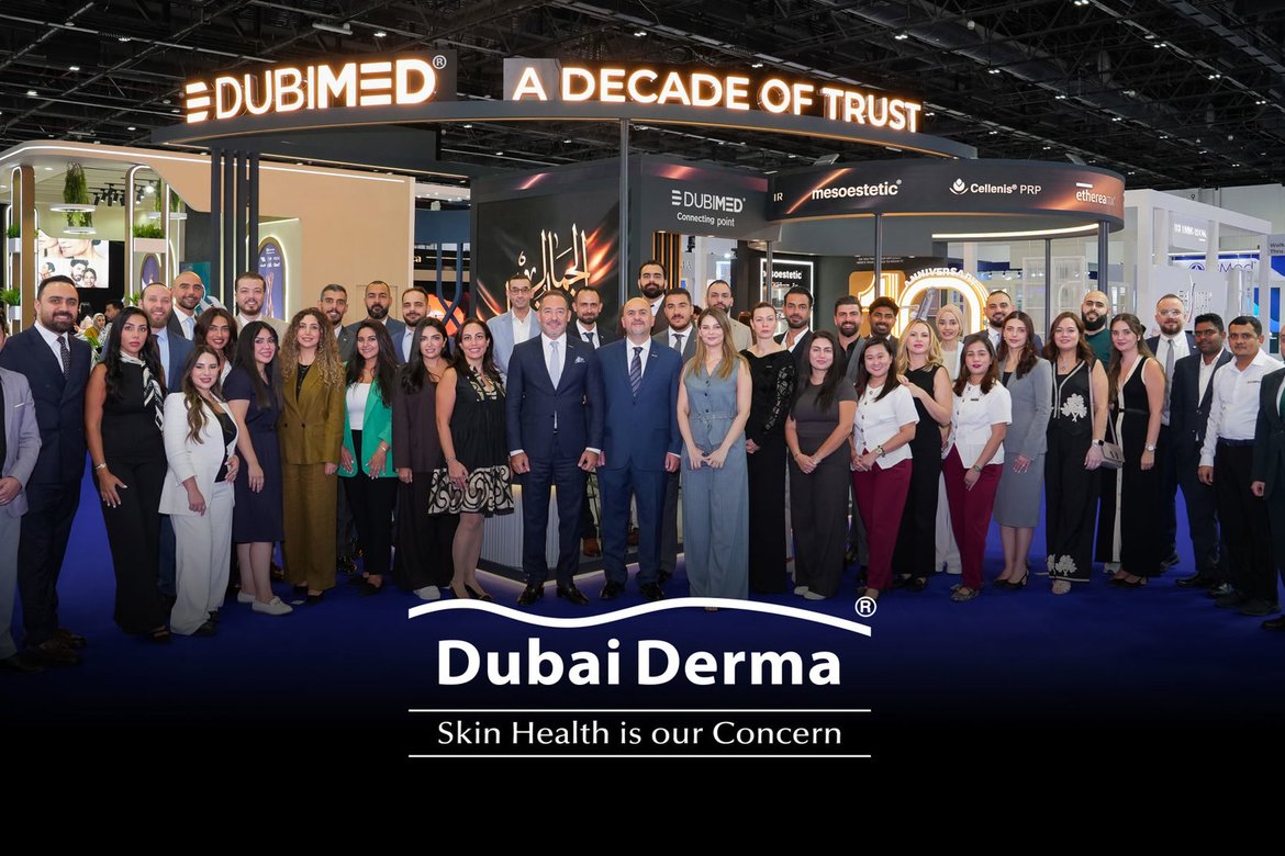 The DUBIMED team at the A Decade of Trust stand, Dubai Derma 2026, Hall 5 Booth Z5G01