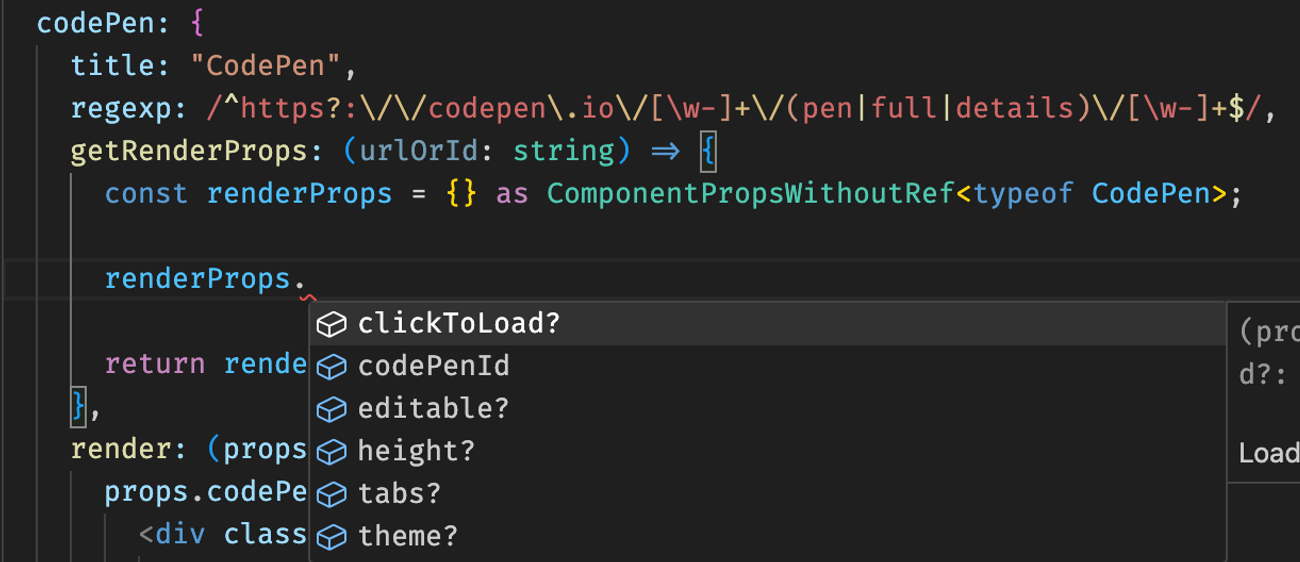VSCode with Intellisense showing required and optional properties for renderProps