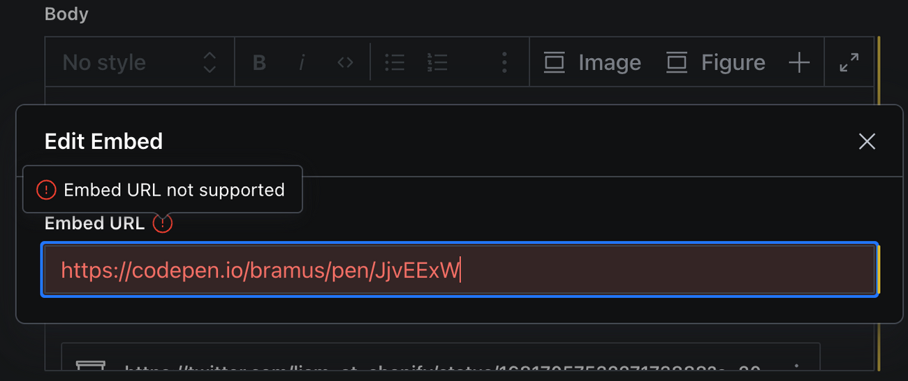 Sanity Studio with invalid CodePen URL
