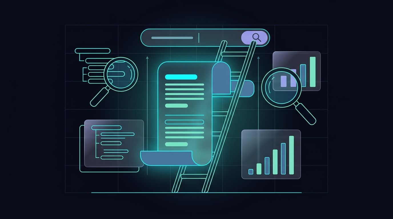 Dark navy tech illustration of a content document climbing a search ranking ladder with keyword lenses and analytics bars