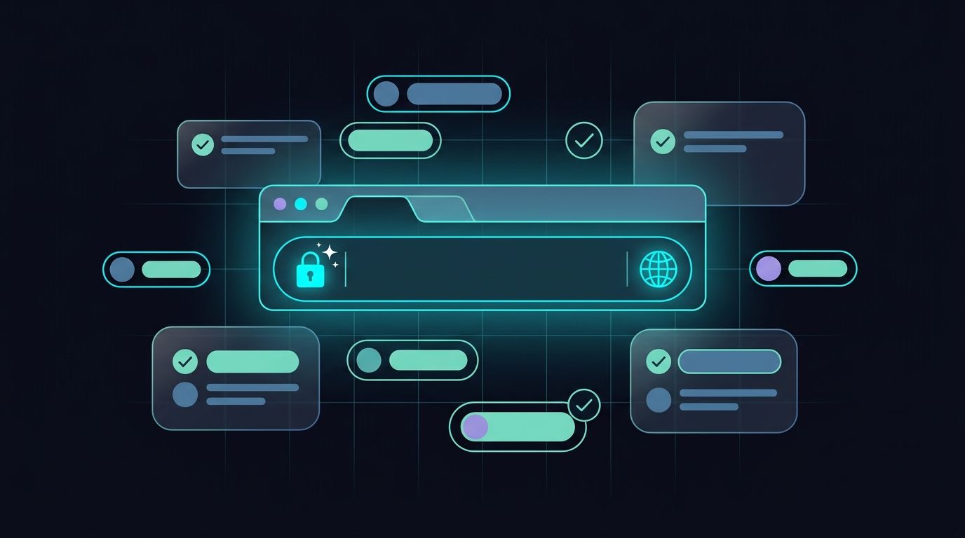 Dark navy graphic with glowing browser URL address bar, security lock, globe icon, and domain extension badges