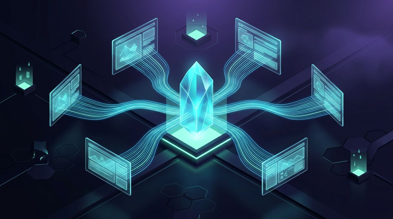 Isometric 3D visualization of multiple converging neon data streams unifying into a single authoritative crystal monolith on a dark obsidian base