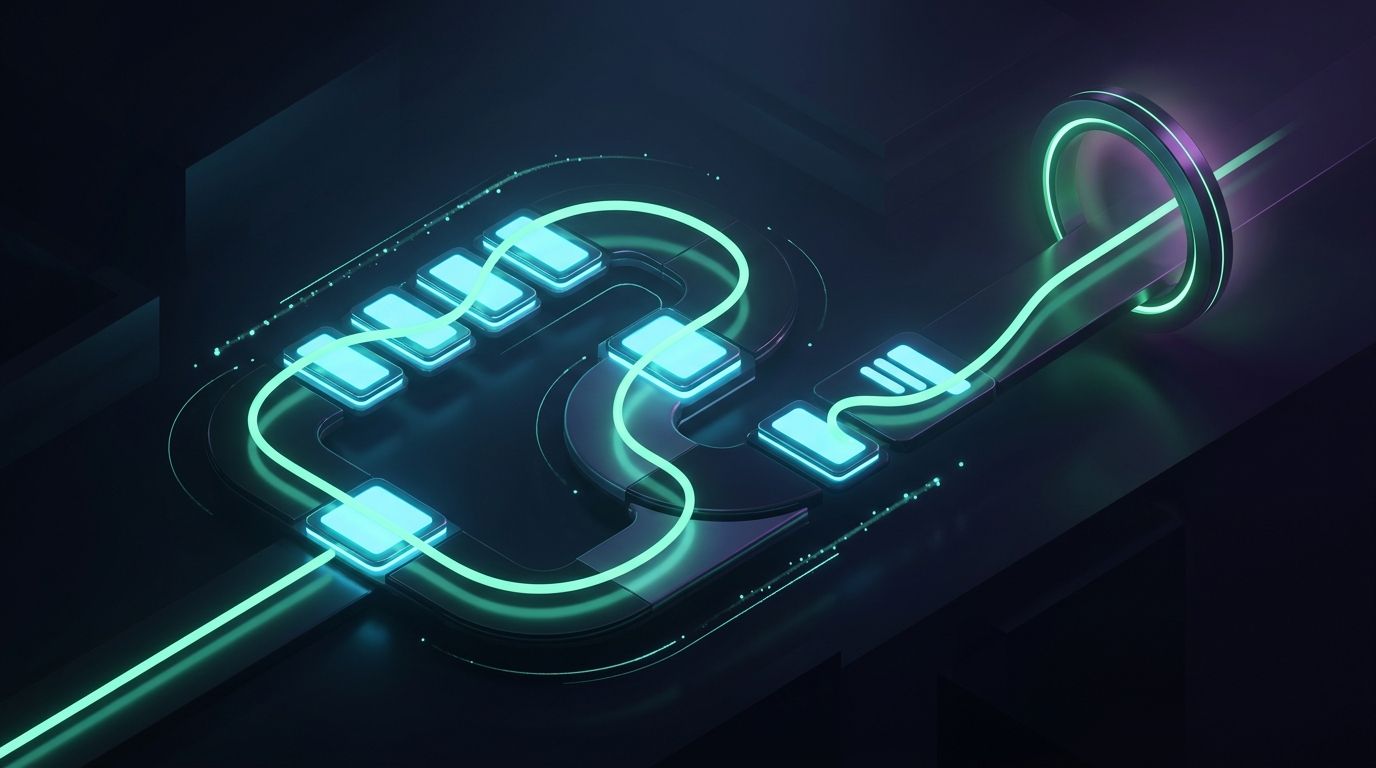 Isometric 3D view of a frictionless interactive path with glowing cyan input tiles leading smoothly into a confirmation gateway