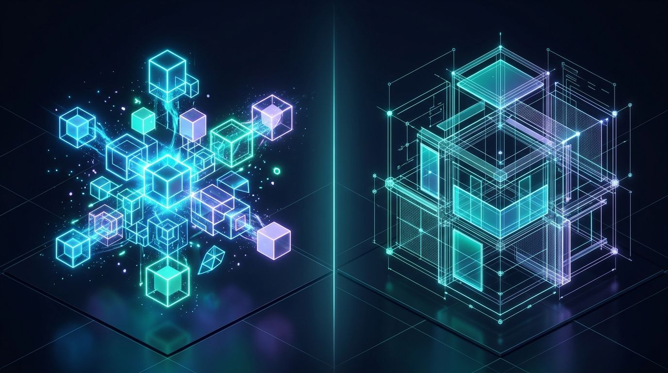 Isometric 3D illustration contrasting automated modular blocks with customized digital blueprint structure