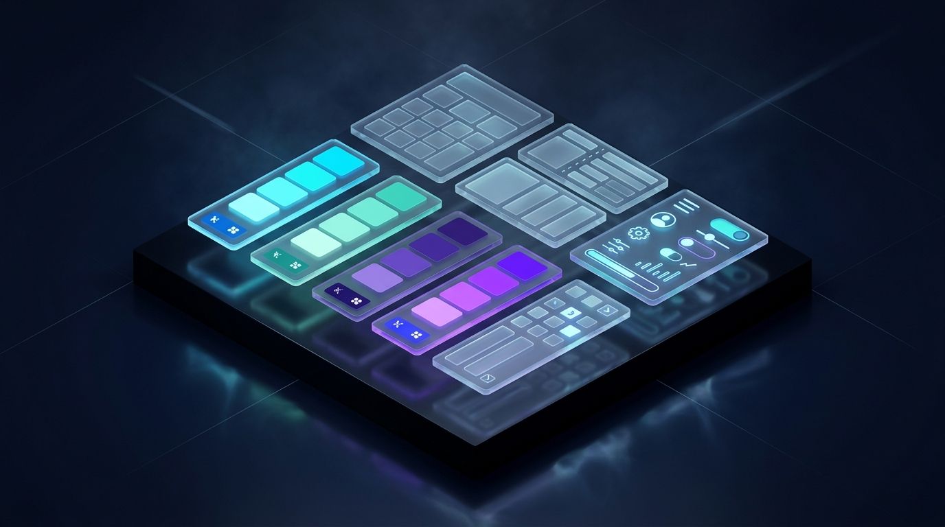 Isometric 3D display of design system tokens and glass color swatches in cyan, teal, violet, and obsidian on an elevated dark pedestal