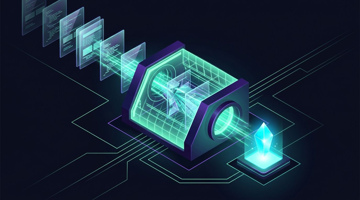 Isometric 3D model of layered duplicate digital sheets filtered through an optical neon prism into a single crystallized core