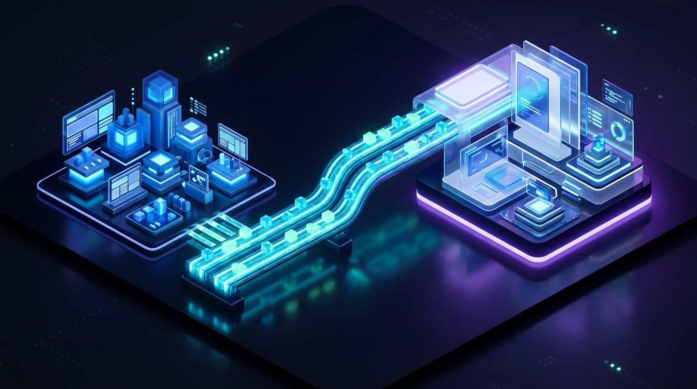 Isometric 3D model of two digital website architecture platforms connected by a glowing electric cyan data transfer bridge