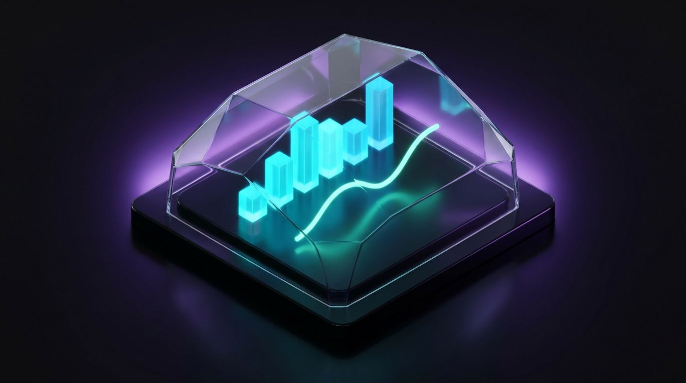 Isometric 3D model of a glowing minimalist analytics dashboard protected under a translucent privacy shield on a dark obsidian base