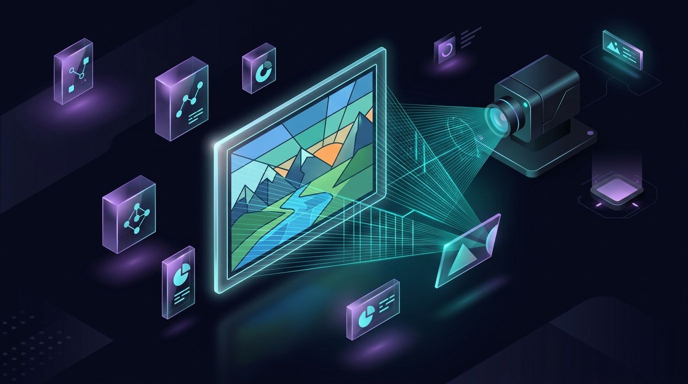 Isometric 3D model of an illuminated holographic image frame analyzed by an optical sensor cone and surrounded by floating metadata prisms