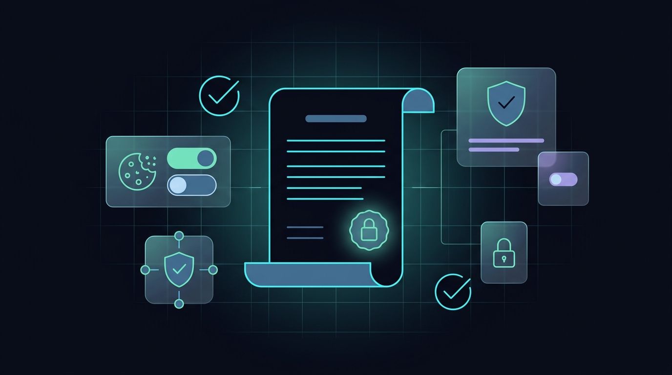 Dark navy illustration with a legal privacy policy document, glowing padlock seal, cookie consent toggles, and data shields