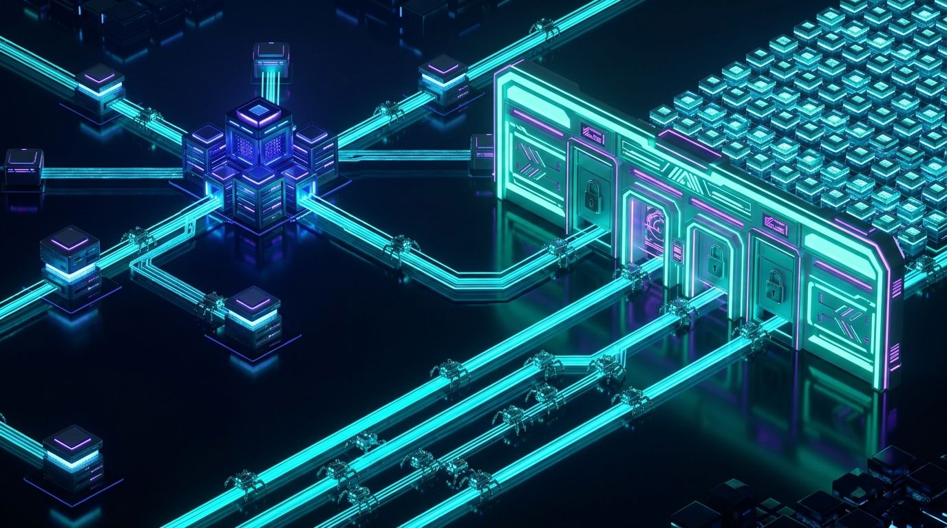 Isometric 3D model of search engine crawler pathways passing through illuminated cybernetic gatekeeper portals on an obsidian dark background