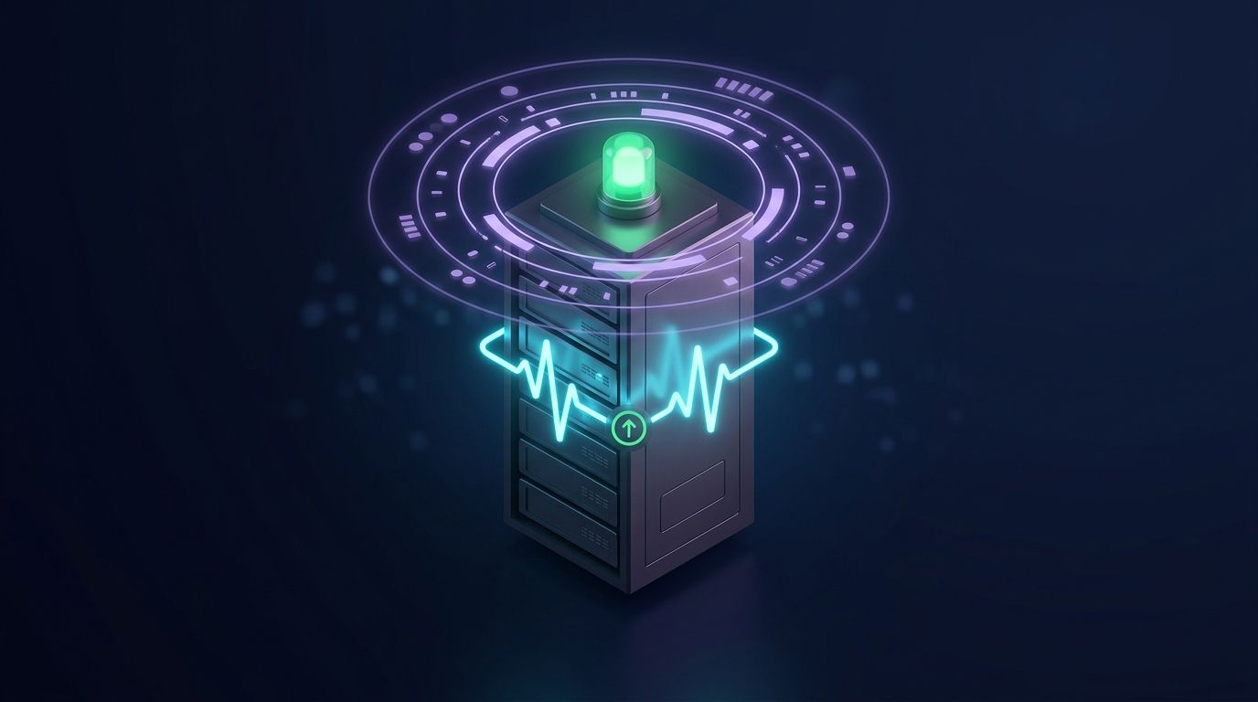 Isometric 3D model of a server rack tower wrapped in an unbroken continuous cyan pulse wave under a green operational status beacon