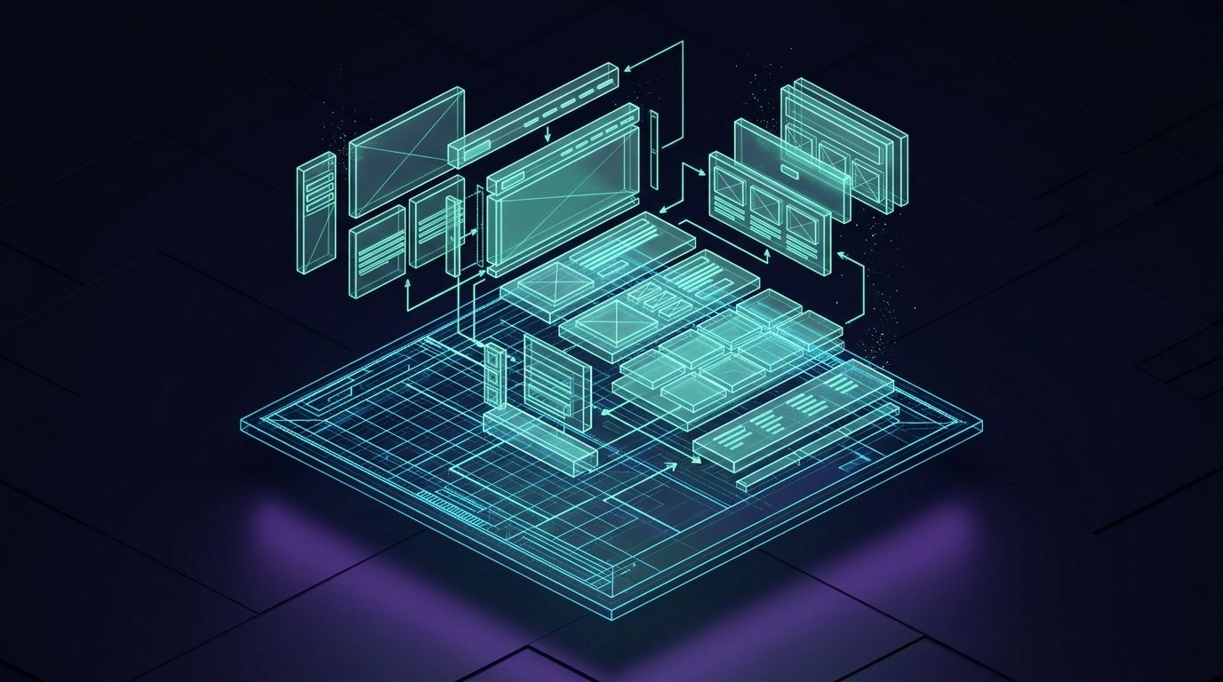 Isometric 3D architectural blueprint of modular glowing wireframe website sections assembling above a neon grid platform