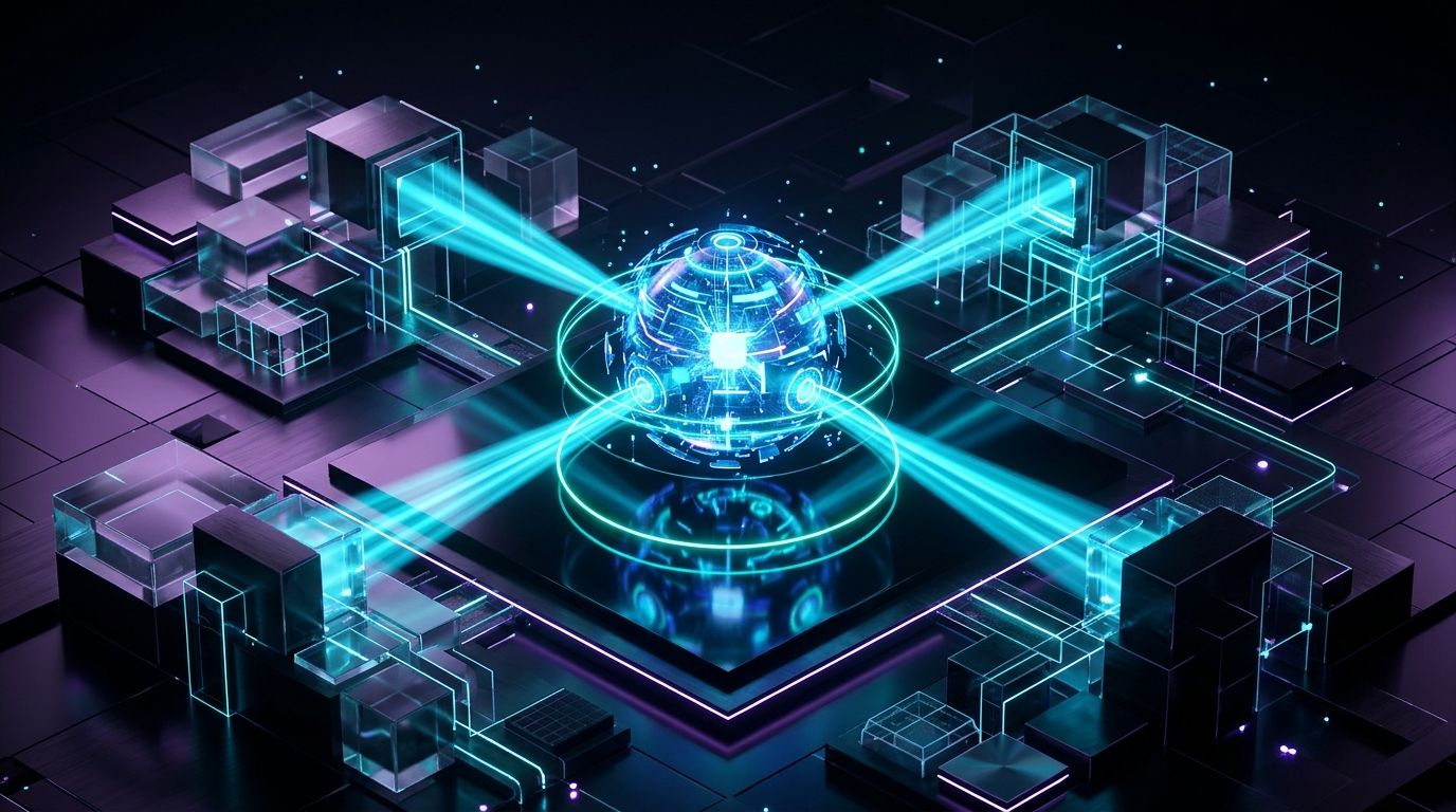 Isometric 3D model of an AI synthesis search engine analyzing digital website blocks with glowing cyan neural pathways on a dark obsidian base