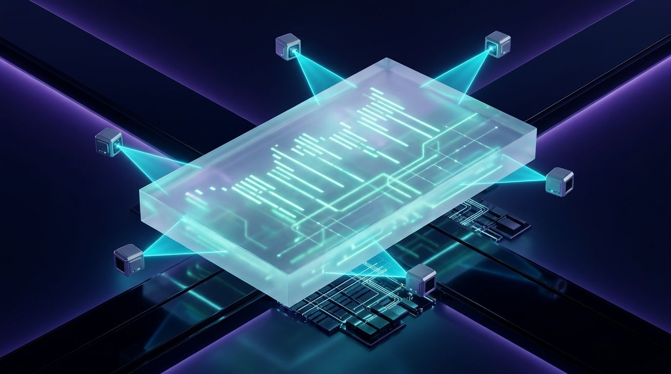 Isometric 3D visualization of a translucent digital documentation file being scanned by autonomous AI sensor beams in a dark obsidian studio