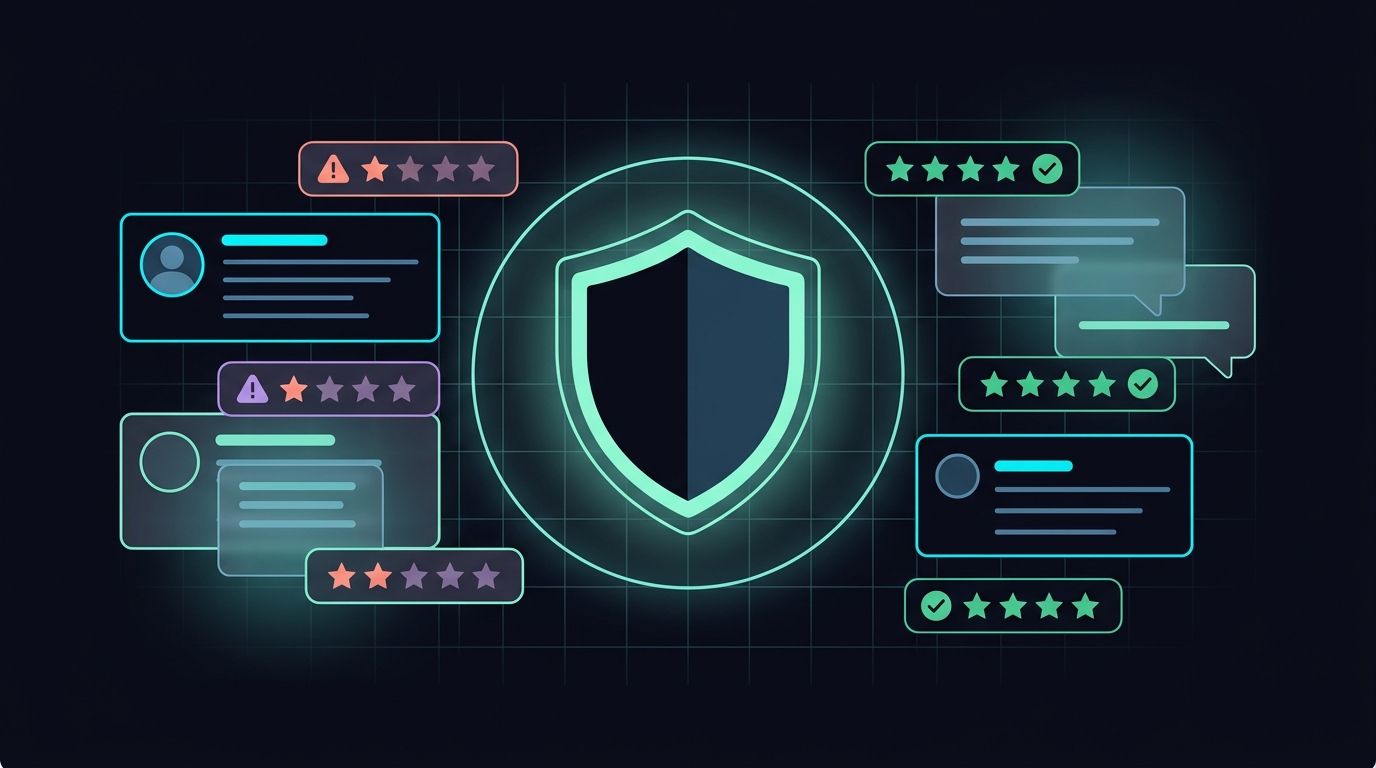 Dark navy graphic with central security shield, feedback review cards, star ratings, and resolution checkmarks