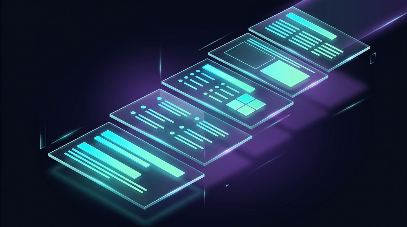 Isometric 3D staircase of layered glass cards displaying clean visual hierarchy, modular spacing, and scannable content sections