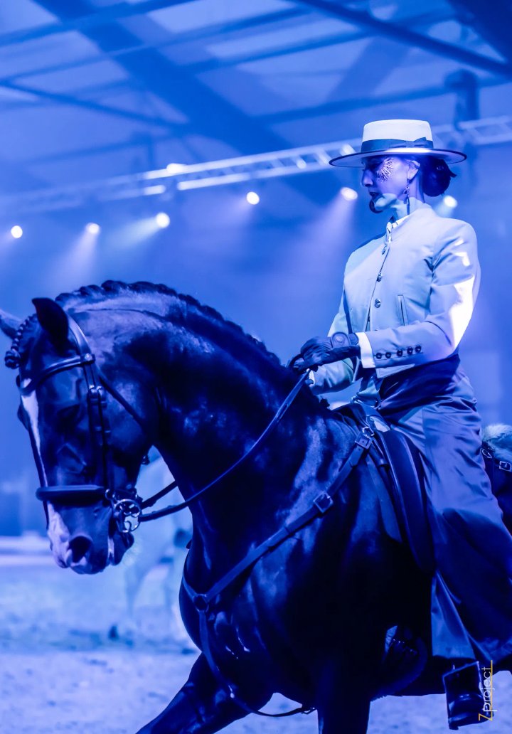 Ruiter in Spaans kostuum op een zwart paard