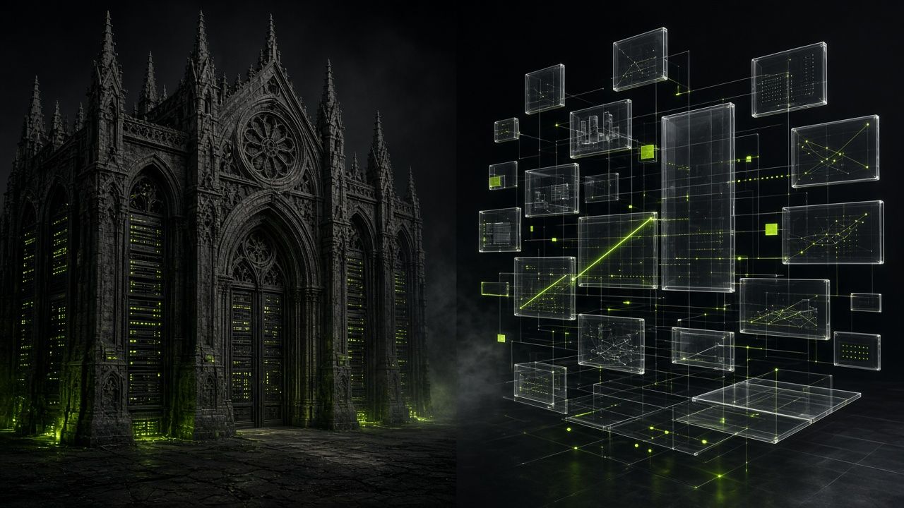 Heavy stone architecture facing a modular glass content grid