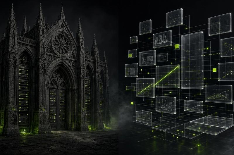 Heavy stone architecture facing a modular glass content grid