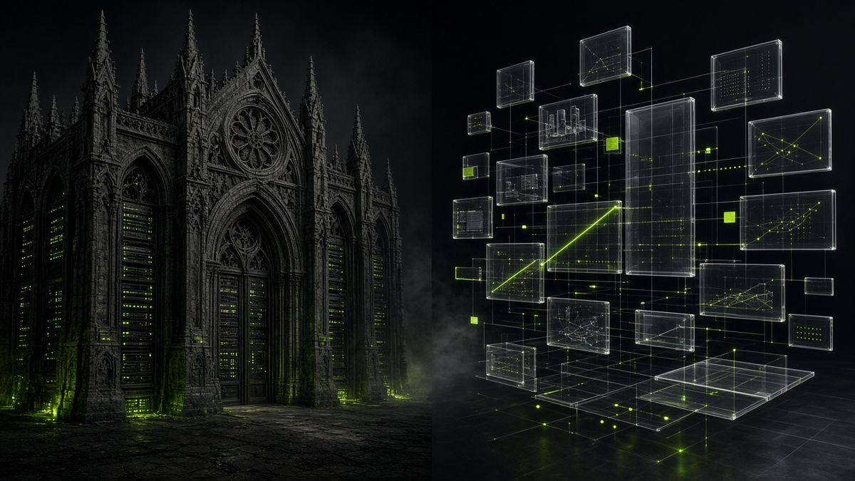 Heavy stone architecture facing a modular glass content grid