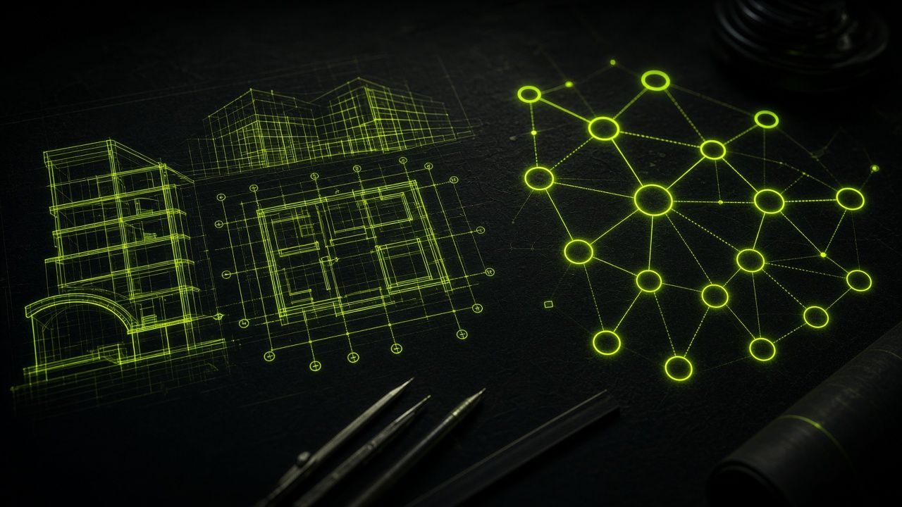 Glowing system diagram on a dark drafting table
