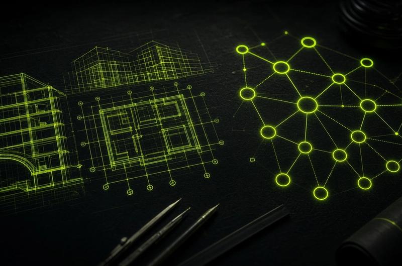 Glowing system diagram on a dark drafting table