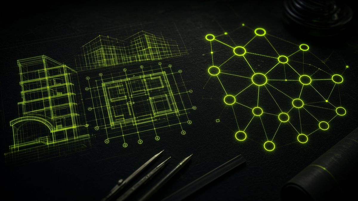 Glowing system diagram on a dark drafting table